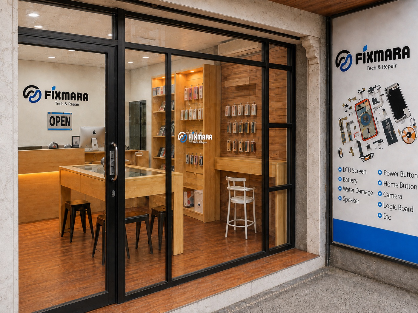 Fixmara storefront in Canggu with a circular Fixmara logo decal on the glass. Retouched photograph and signage concept.