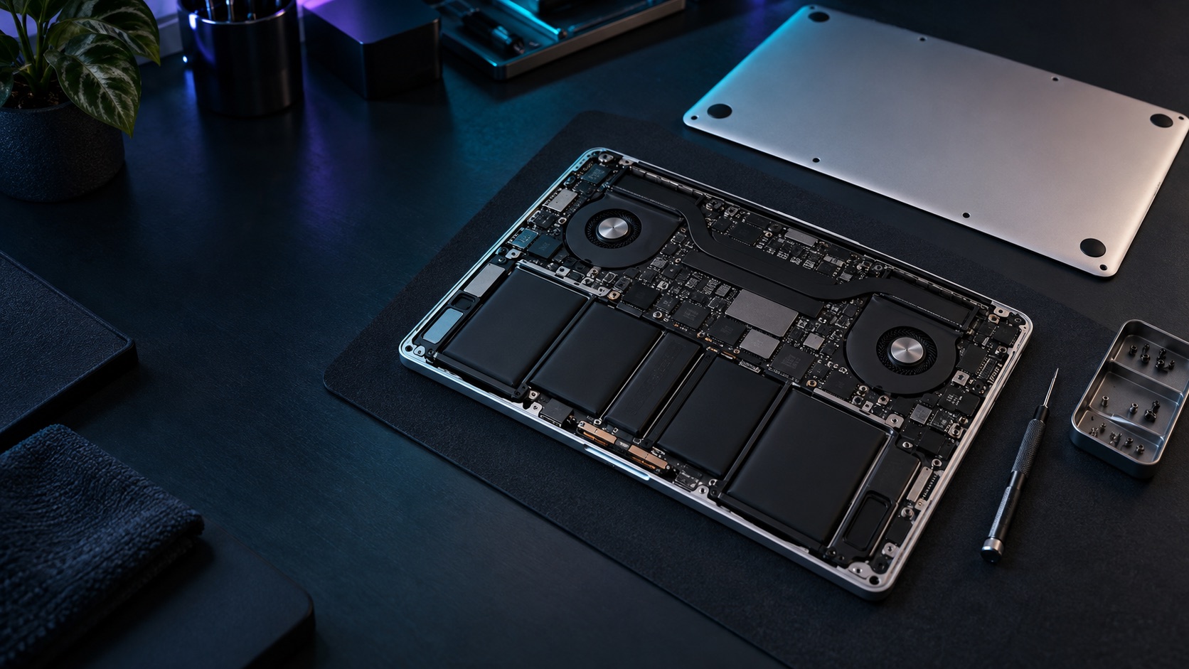 A MacBook opened for inspection of the display path, hinges and internal connections