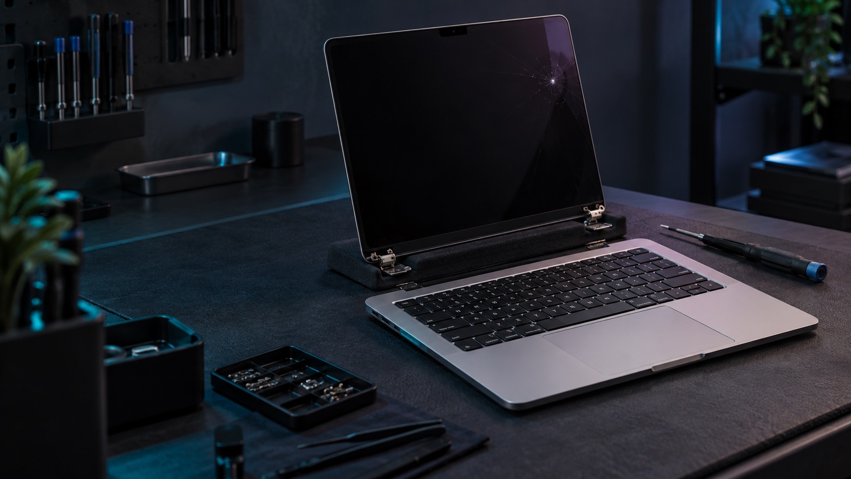A powered-off cracked MacBook display fully detached from the protected laptop base