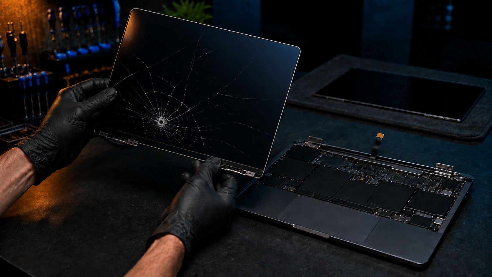 A powered-off damaged MacBook display removed from the computer