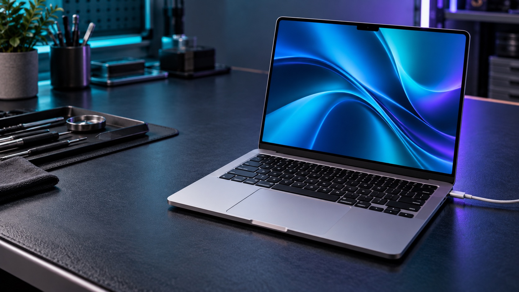A repaired MacBook with a clear display during final testing