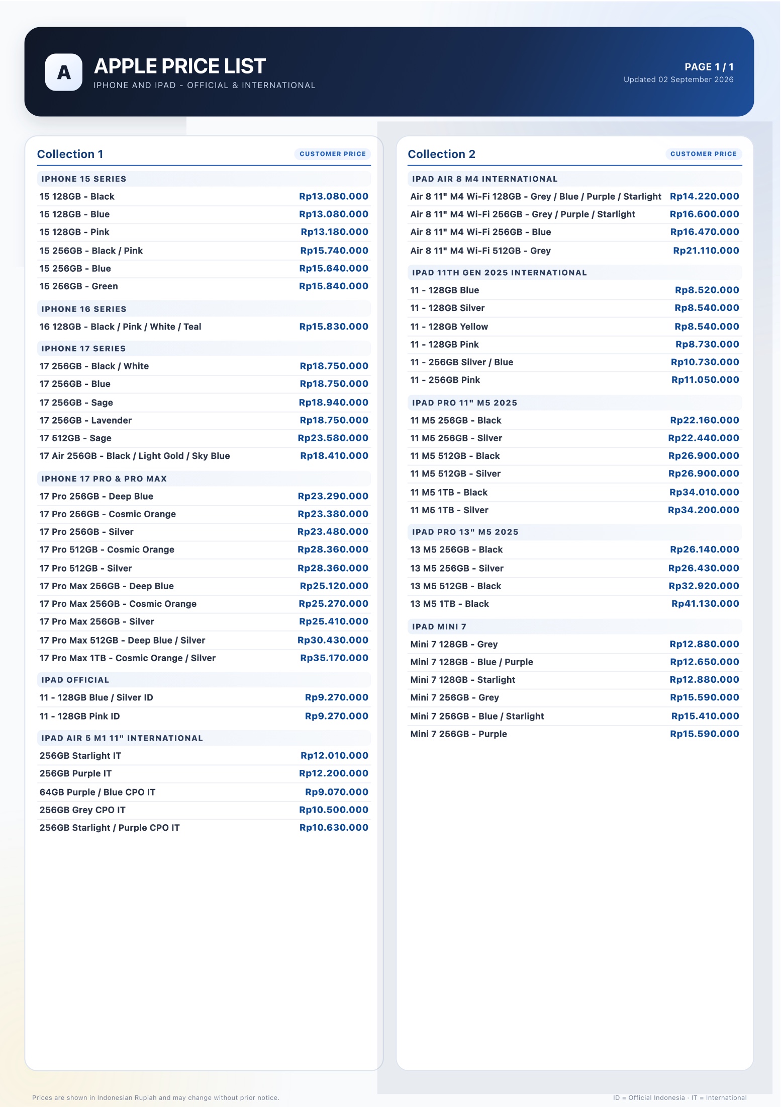 Preview of the iPhone and iPad customer price list