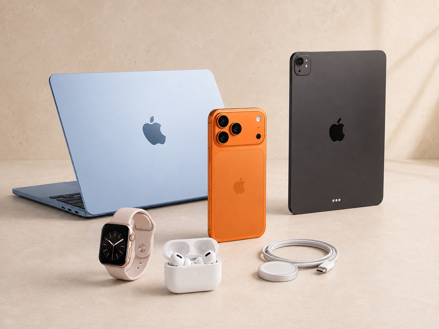 Apple collection catalogue illustration with MacBook, iPad, orange iPhone, Apple Watch, AirPods and a MagSafe charger