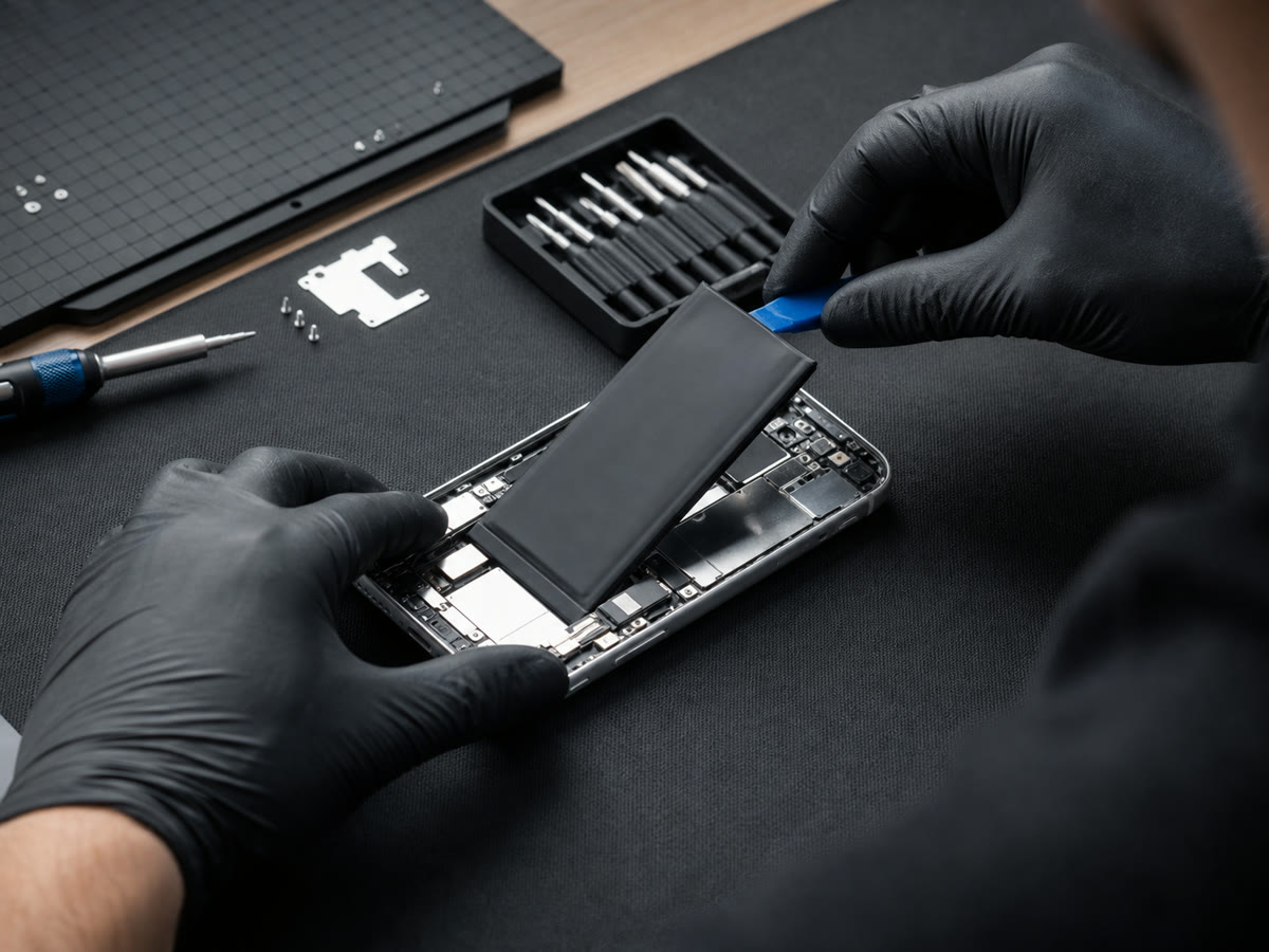 A technician carefully lifting a battery from an opened phone
