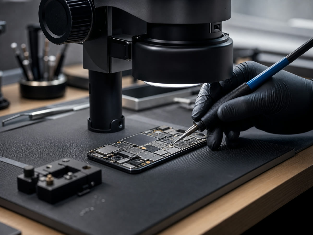 Precision component repair performed under a microscope