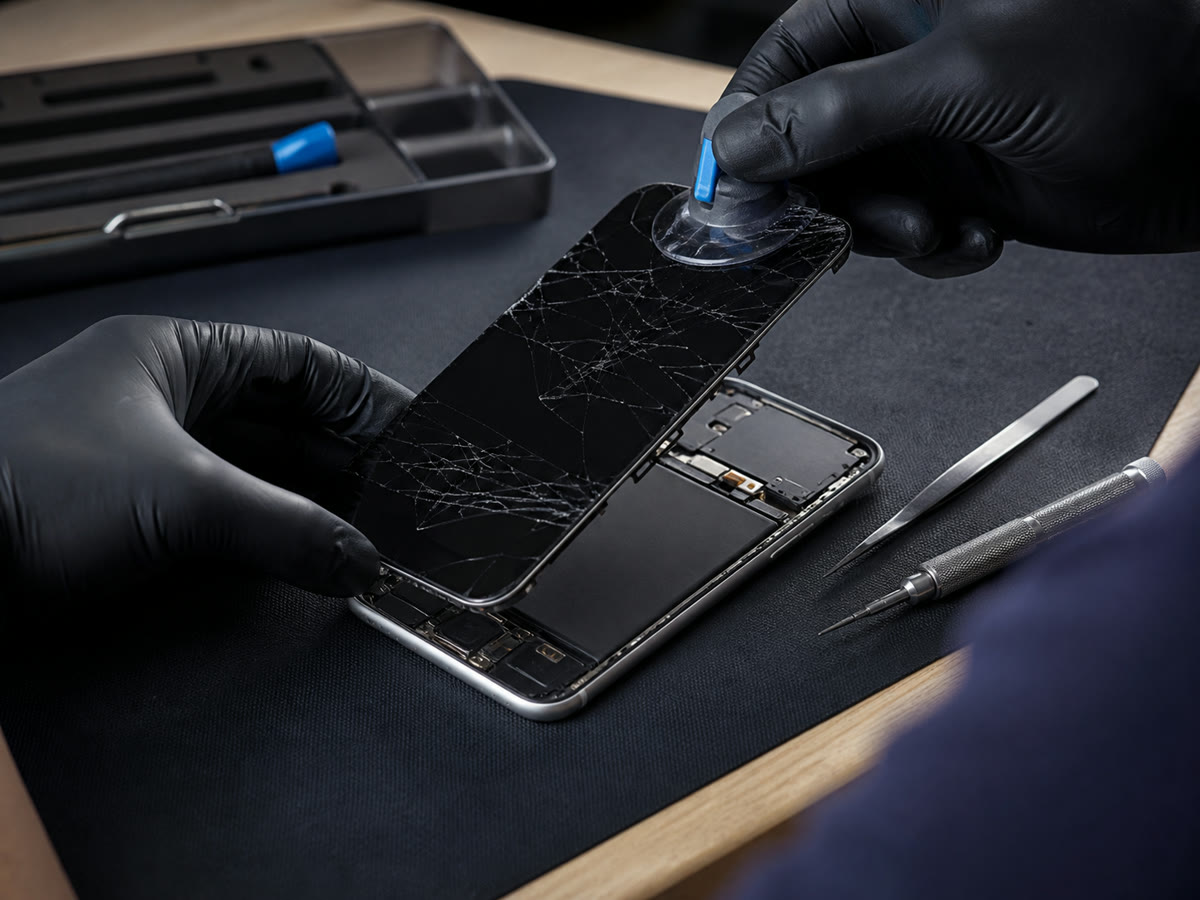 A technician in black gloves lifting a shattered display from a phone on the Fixmara bench